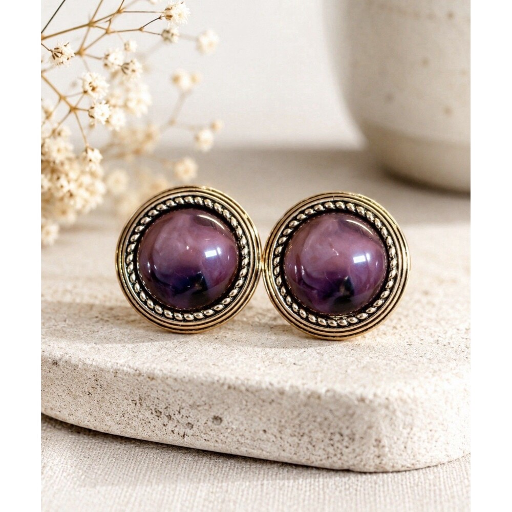 Vintage 1980s Gold Tone Clip On Earrings Pink Purple Cabochon Rope Trim 1"